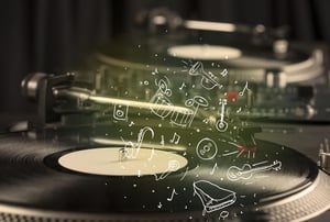 Turntable playing classical music with icon drawn instruments concept on background